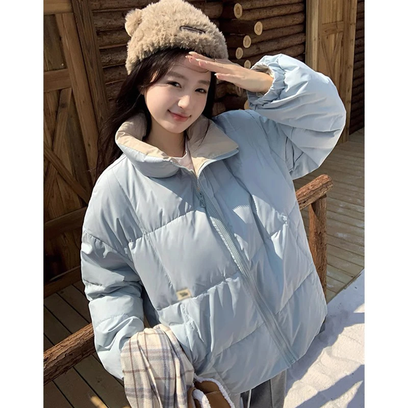 蓝色立领加厚保暖面包服女2024冬季新款韩版设计感宽松休闲棉服潮