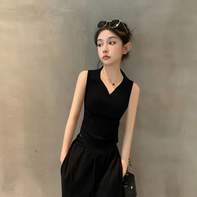 2025新款夏季黑色无袖背心小吊带女针织螺纹polo领不规则下摆上衣