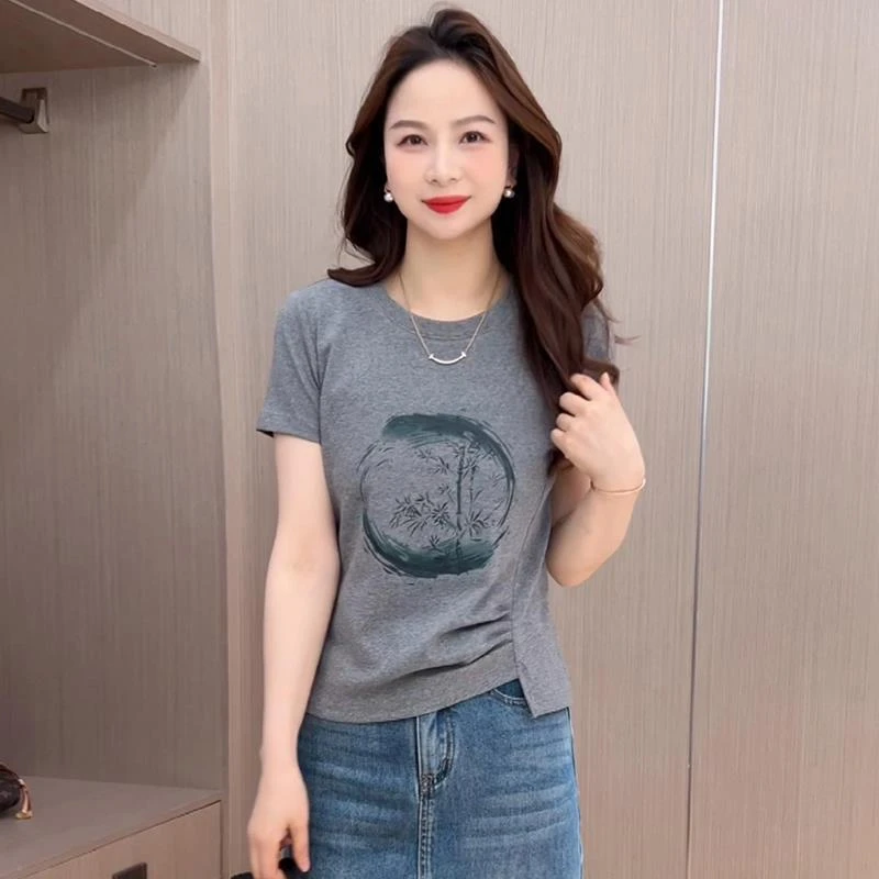 2025夏季新款女士时尚显瘦圆领短袖T恤衫不规则圆领收腰短款上衣