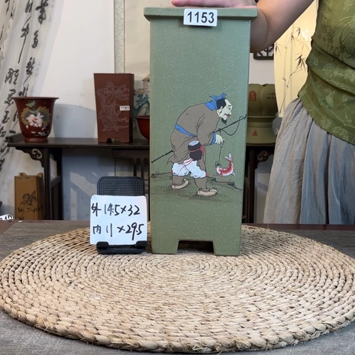 紫砂花盆 超精品果绿彩绘垂钓图高签筒1153