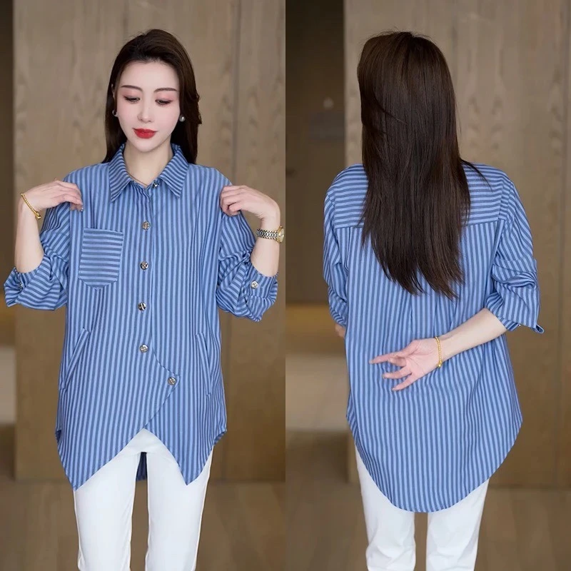 2025春秋新款宽松上衣春季遮肉显瘦大码衬衣中长袖衬衫外套女8170