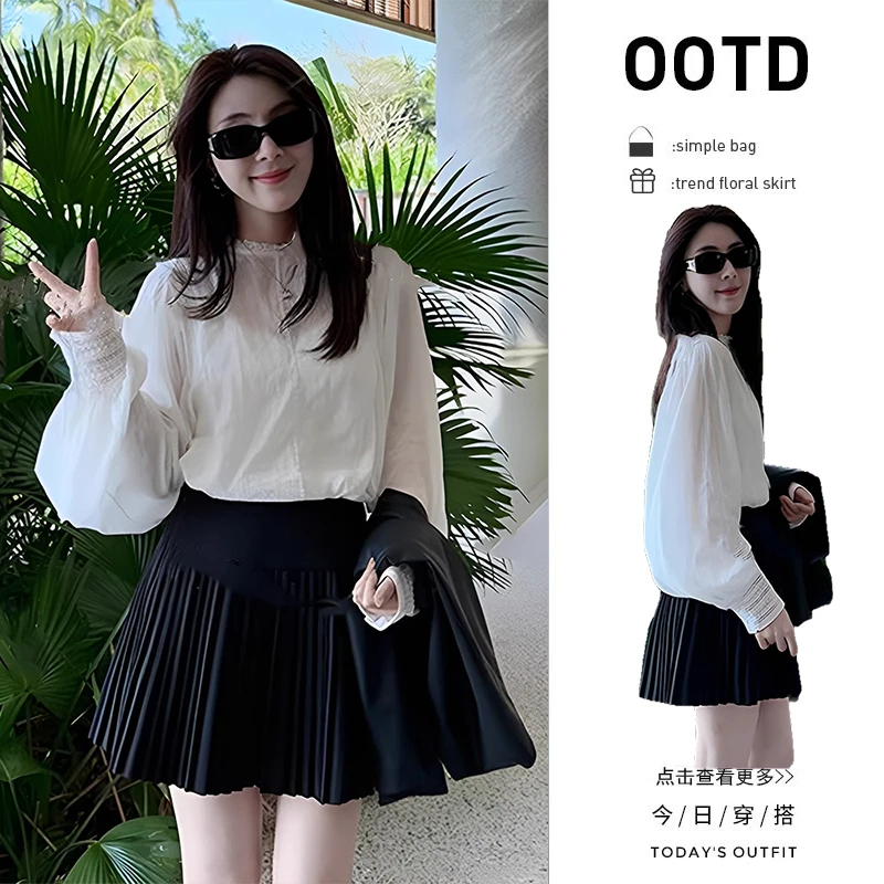 早春穿搭一整套女装2025新款白色蕾丝衬衫高腰百褶短裙两件套装