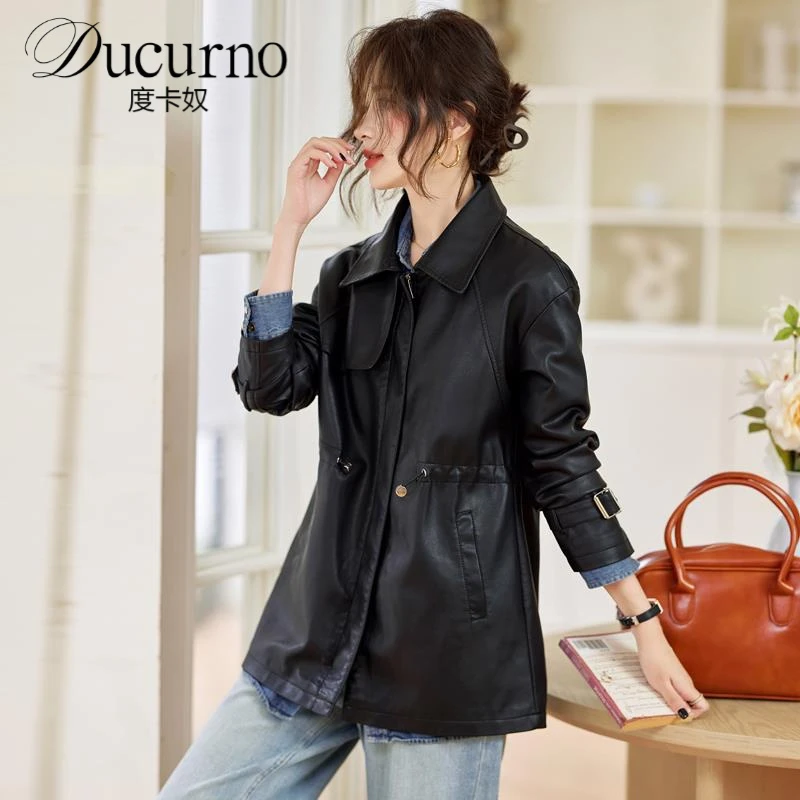 中长版风衣皮衣外套女2025秋季新款美拉德收腰抽绳皮夹克大衣