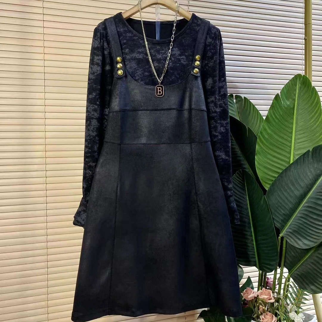 D胖mm欧货时尚新款秋季洋气扎染背带裙打底两件套