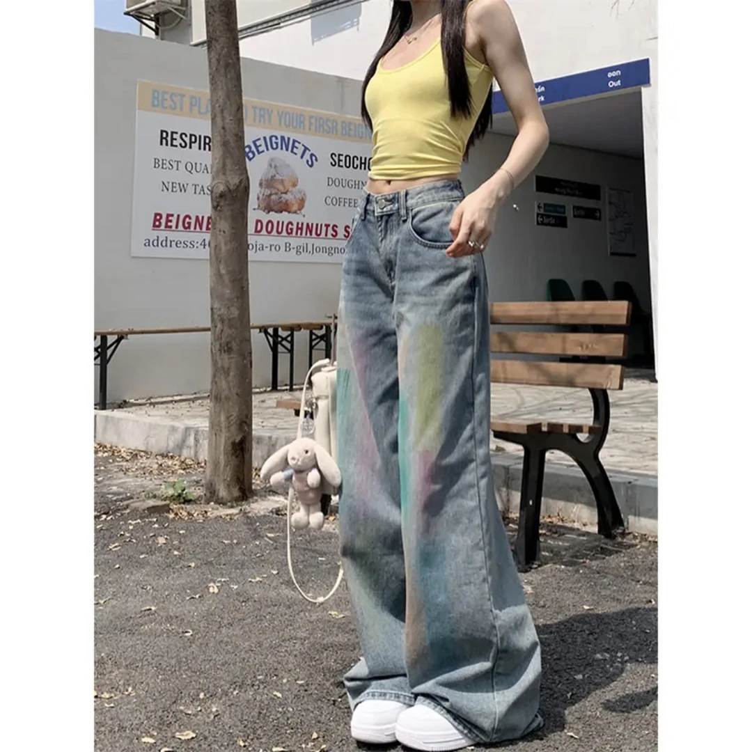 大码美式小众彩虹设计感垂感牛仔裤女夏季新款直筒宽松阔腿裤