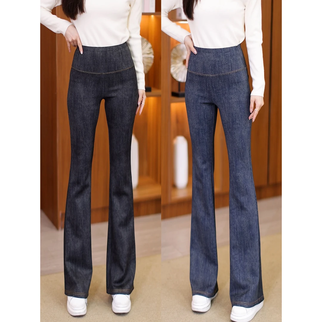 新春新款仿牛仔裤修身显瘦高腰微喇叭休闲外穿高弹力