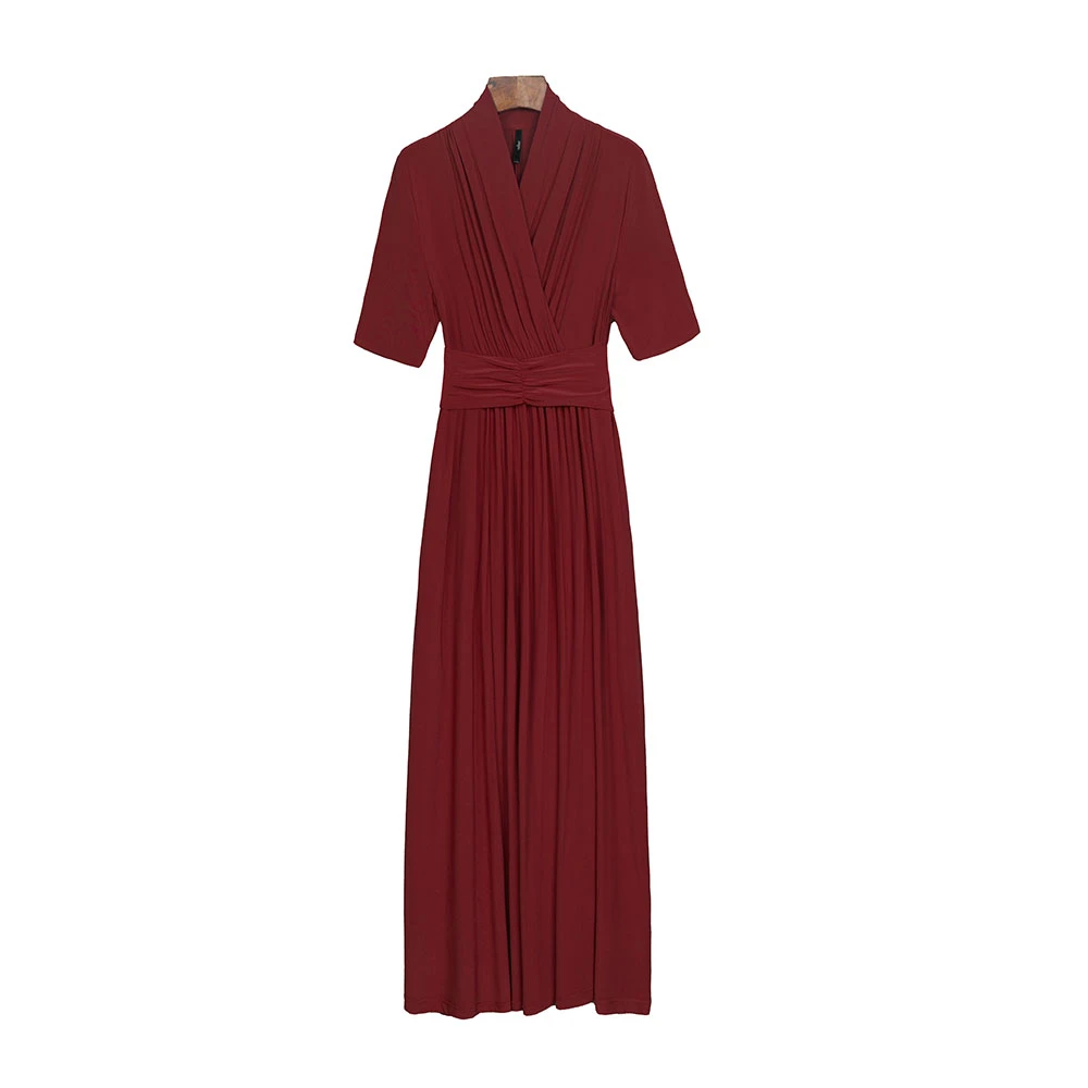 歌雨竹L5260夏轻奢清凉冰丝麻高弹V领短袖遮肉显瘦气质长款连衣裙