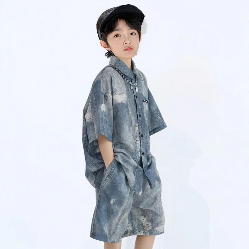 G7673（潮牌风）夏季中大童洋气薄款冰凉破洞仿牛仔帅气套装