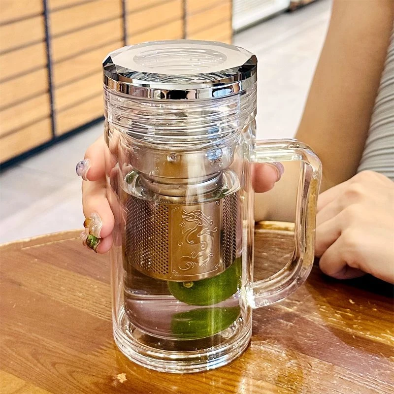 高档新款大容量加厚双层耐热隔热带盖过滤防烫玻璃茶杯玻璃杯家用