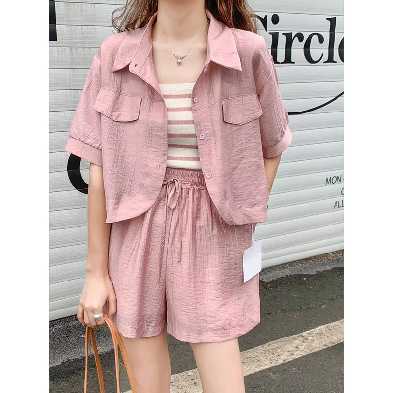 2025年夏季新款条纹打底吊带背心短袖衬衫上衣休闲短裤三件套女士