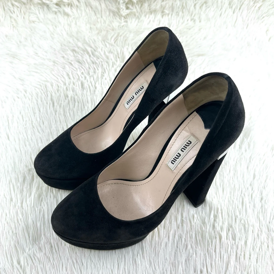 95新 MIU MIU/缪缪 黑色麂皮高跟鞋36.5码