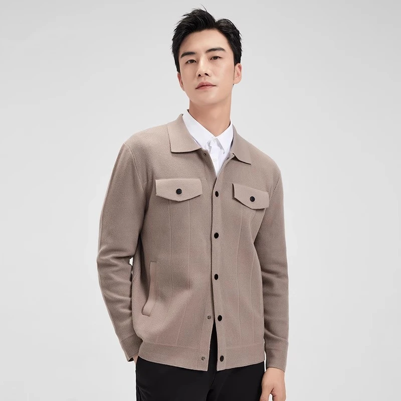 针织开衫毛衣外套秋冬加厚新款工装翻领提花夹克HD861