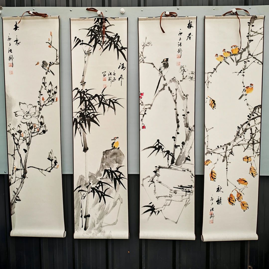 国画梅兰竹菊四条屏客厅沙发背景墙茶室中式装饰挂画无边装裱效果