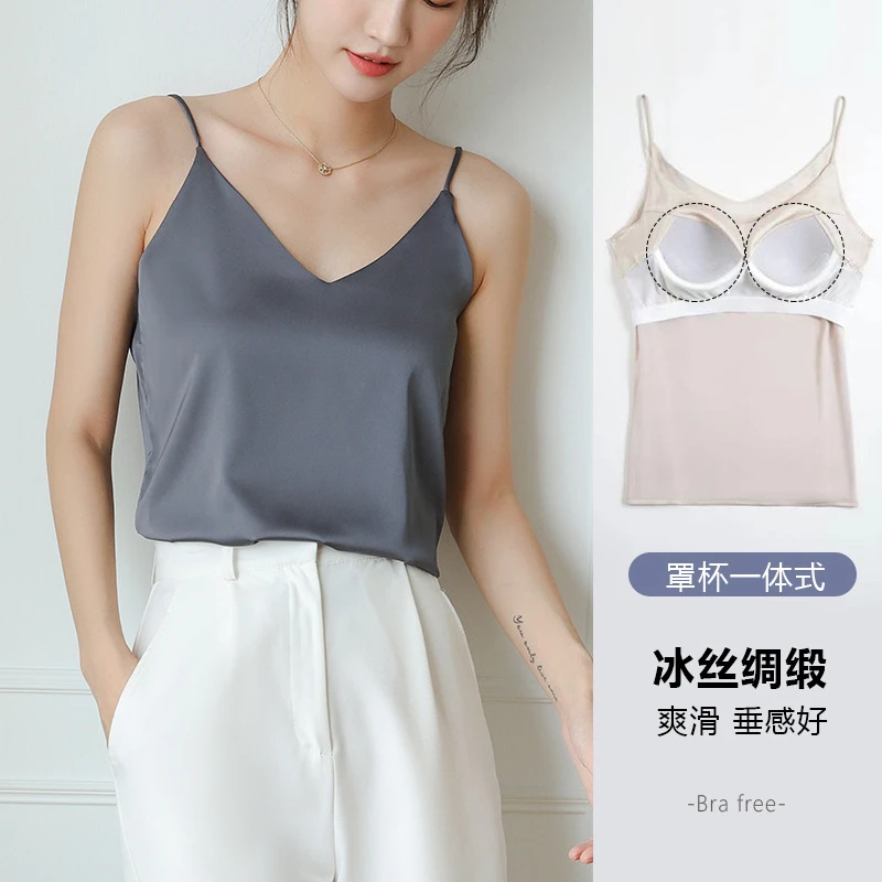 冰丝夏季吊带背心女内搭西装新款宽松白色打底缎面V领纯欲上衣夏