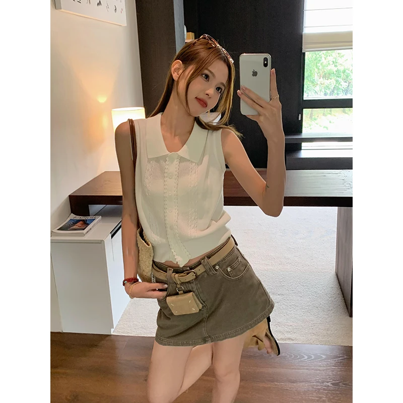 宋正恩polo领针织背心女夏季修身显瘦工字吊带短款小上衣SH131