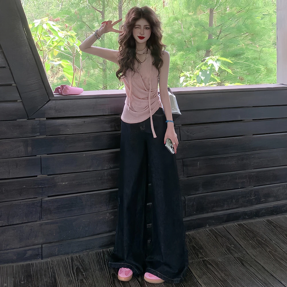 藕粉色纯欲设计感修身掐腰不规则吊带背心女夏季外穿辣妹无袖上衣