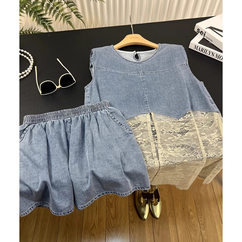 牛仔套装女2025夏薄新款休闲小众甜美蕾丝拼接背心马甲短裤两件套