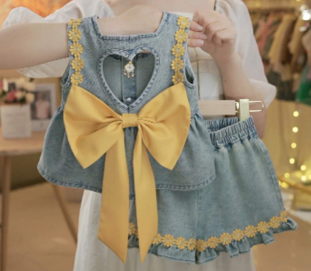 SD女童港风套装黄色夏季新款个性蝴蝶结休闲洋气儿童套装80607