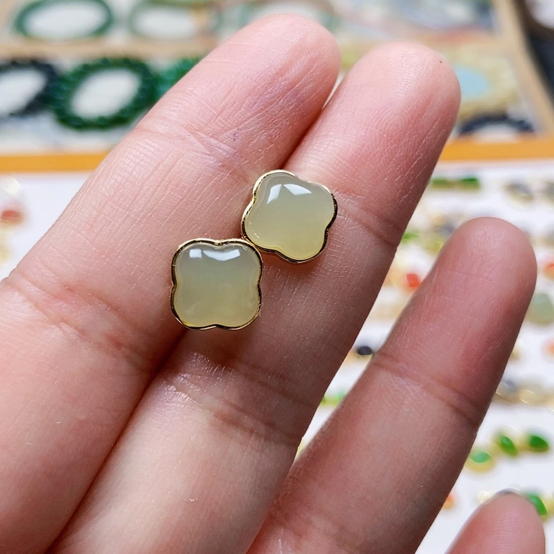 和田玉耳饰银S925镶嵌