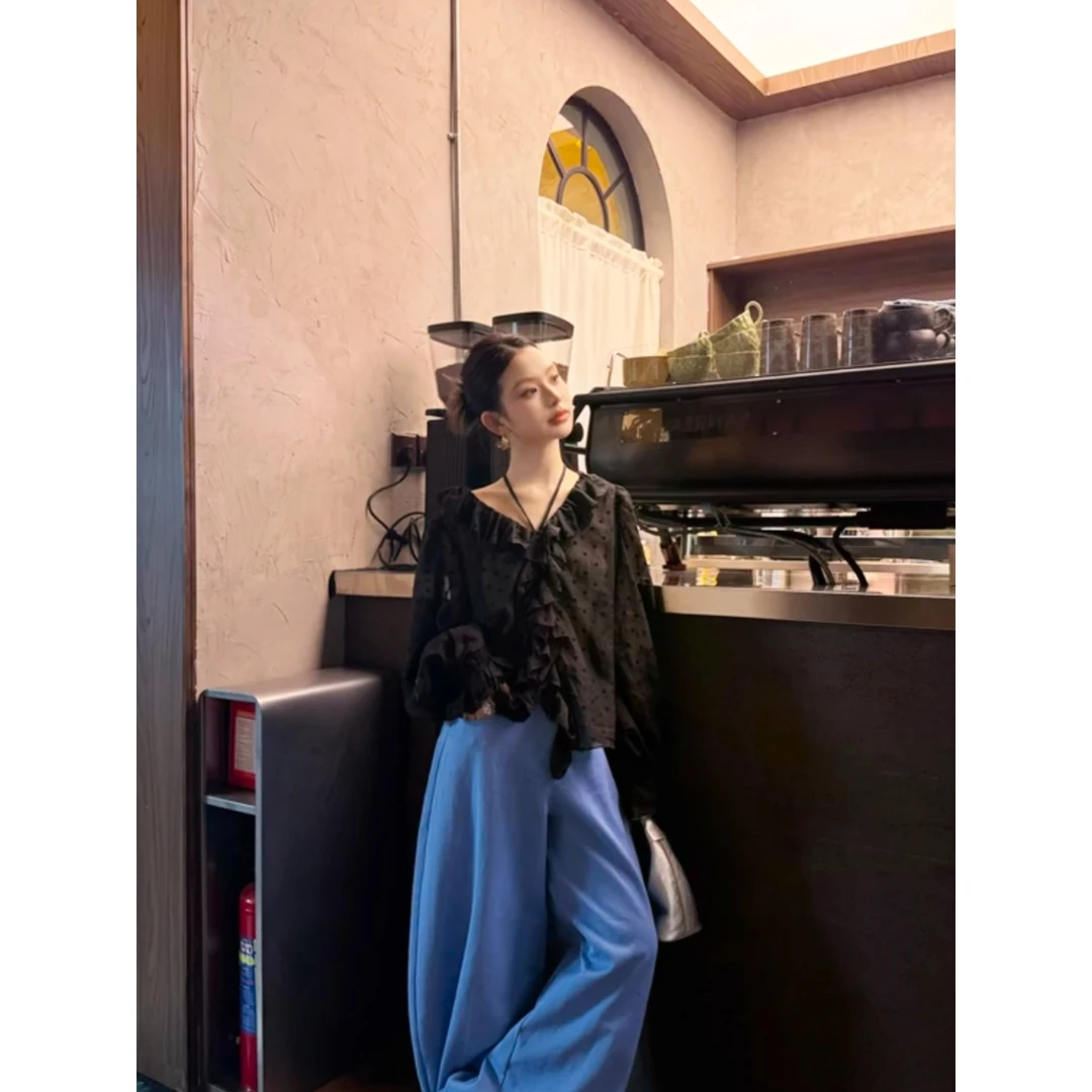 高级感黑色波点泡泡袖V领系带衬衫女春秋新款宽松显瘦气质上衣女