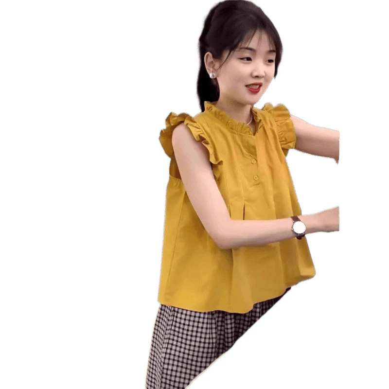 娃娃衫夏季衬衫新款别致法式木耳边女上衣无袖甜美小飞袖