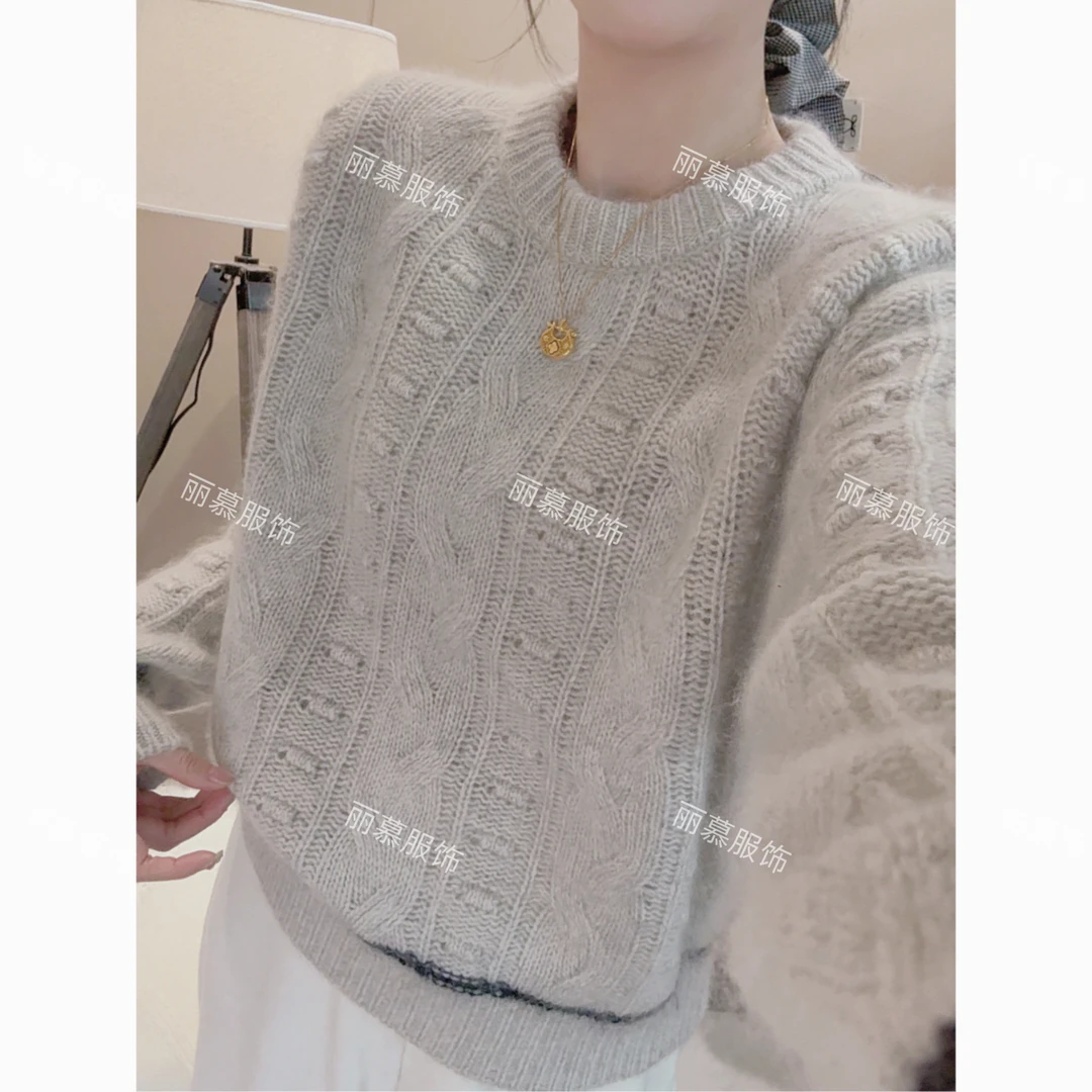 【豆豆】小众设计 韩系慵懒加厚绞花豆豆撞色边毛衣套头女2537