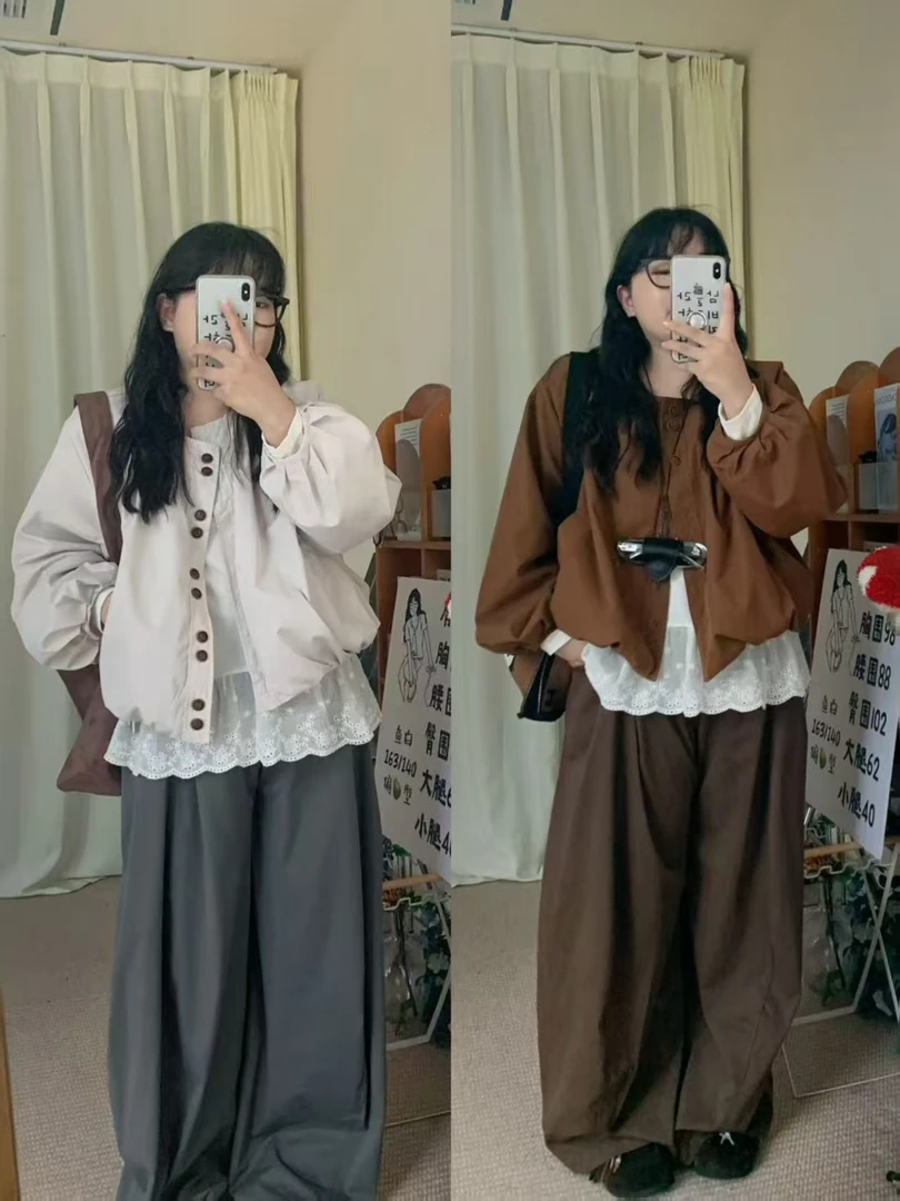 【陈鱼白】2025秋季新款大码女装韩系花边打底上衣花苞外套裤子套装