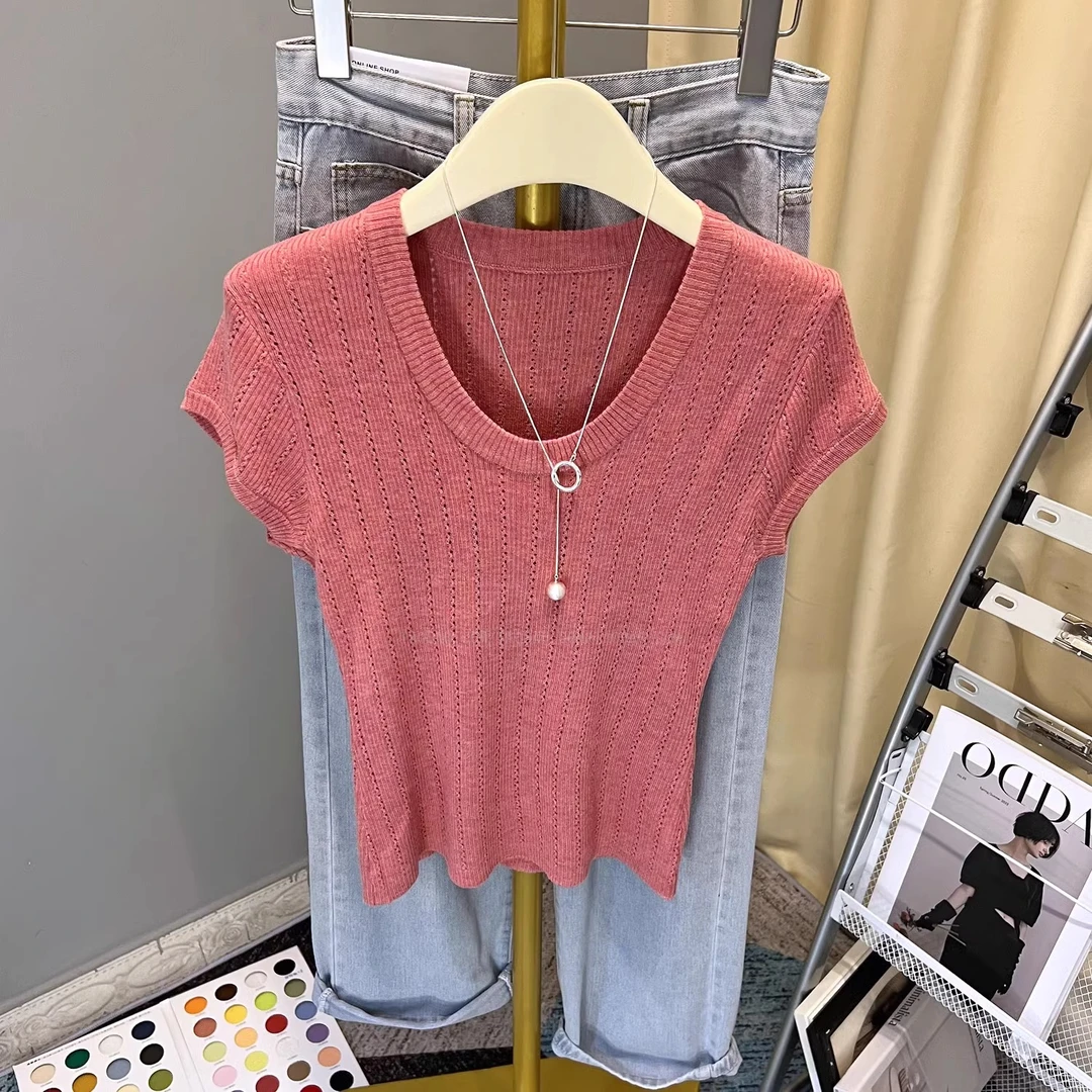 新款U领小香风针织短袖女2025夏季百搭修身显瘦镂空气质上衣潮