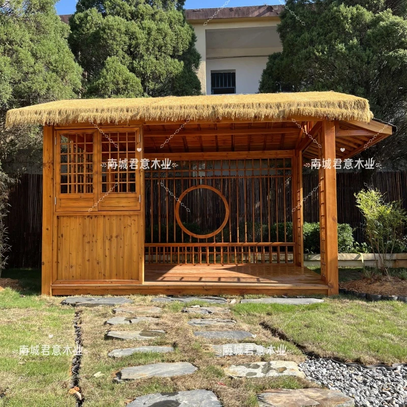 户外茅草木屋造景室外茶室防腐木庭院网红小木屋景区农家乐茅草屋