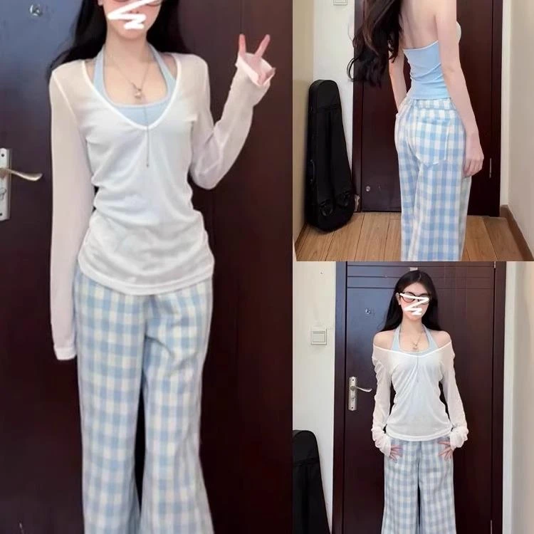 白色长袖v领薄款防晒罩衫t恤女夏季2025新款爆款挂脖吊带上衣套装