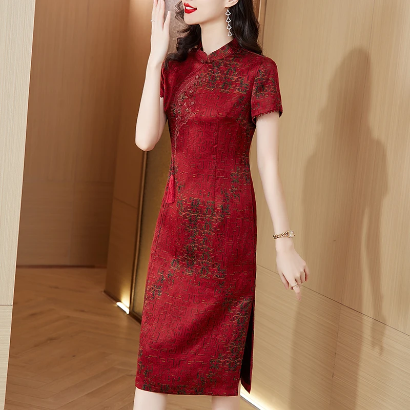花罗香云纱连衣裙新款女专柜正品蚕丝真丝改良旗袍复古绣花时尚夏