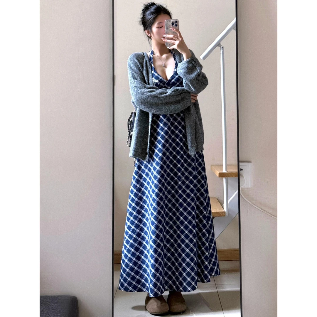 韩系软糯针织毛衣格纹吊带连衣裙套装女春季辣妹气质高级感两件套