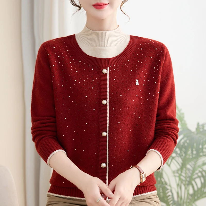 2025假两件针织衫妈妈装秋装加绒毛衣中老年女装洋气上衣#25213