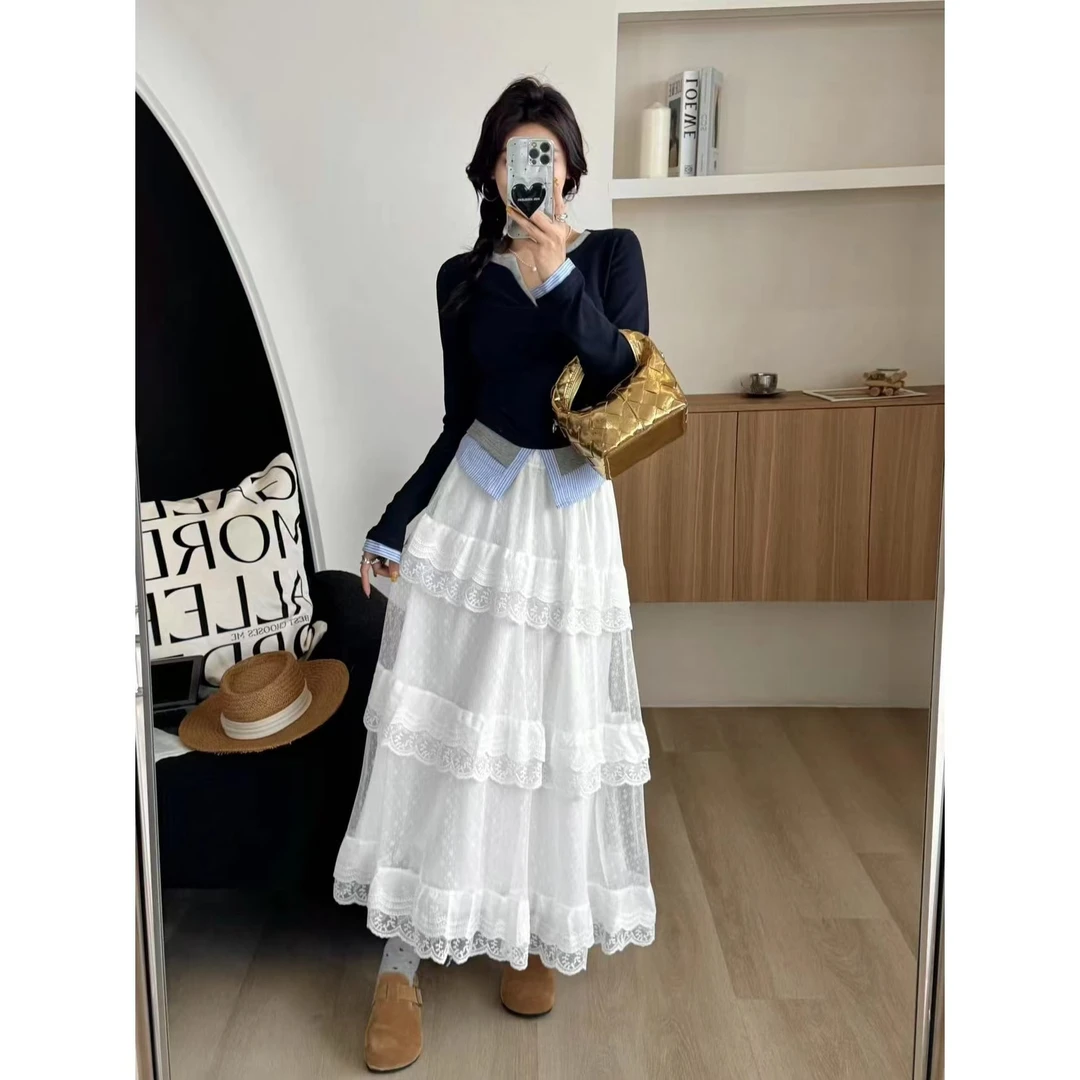 SP【月光少女】独特刺绣蕾丝工艺仙美蛋糕半身裙温柔风高腰显瘦长裙