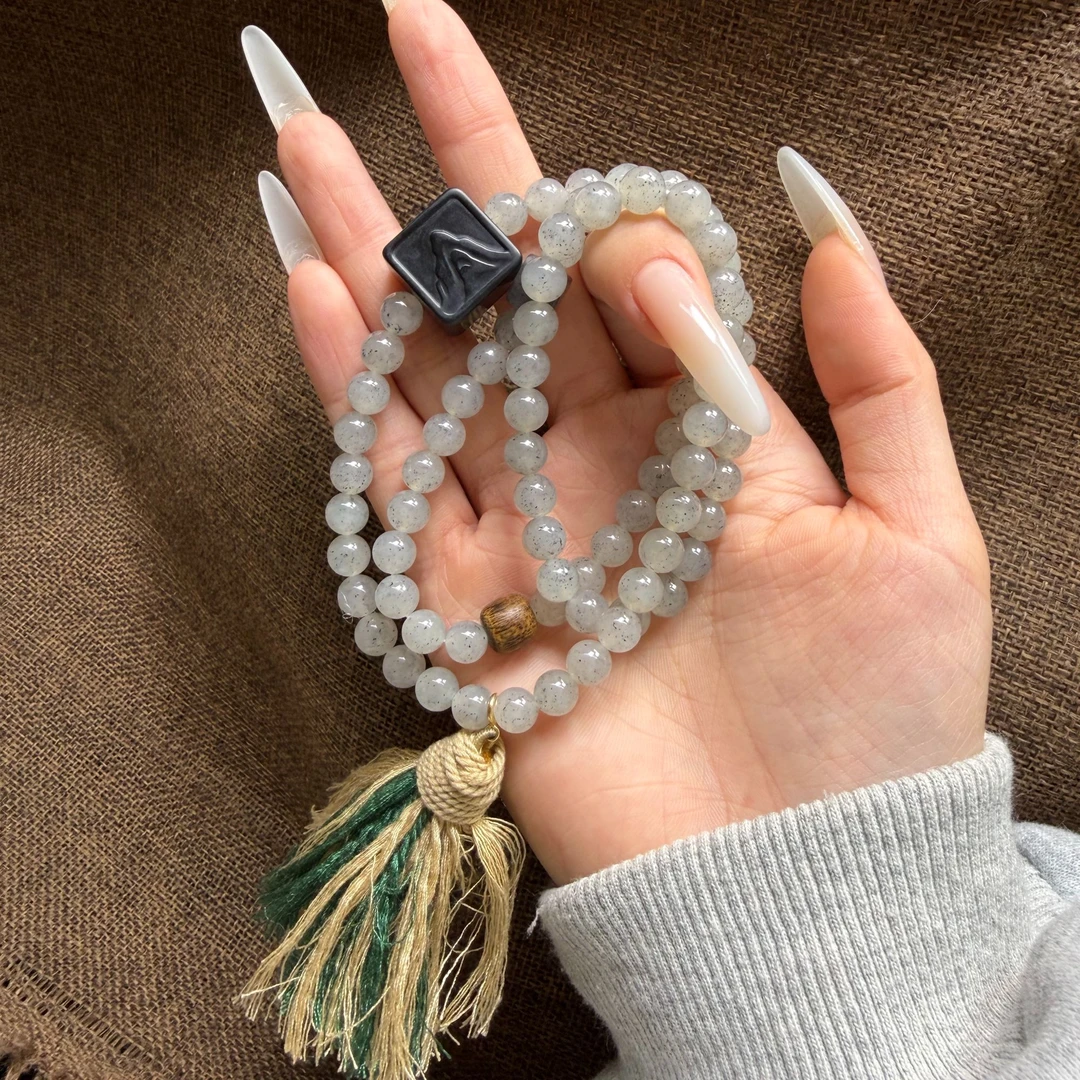 【水墨观山】和田玉点墨三圈手串