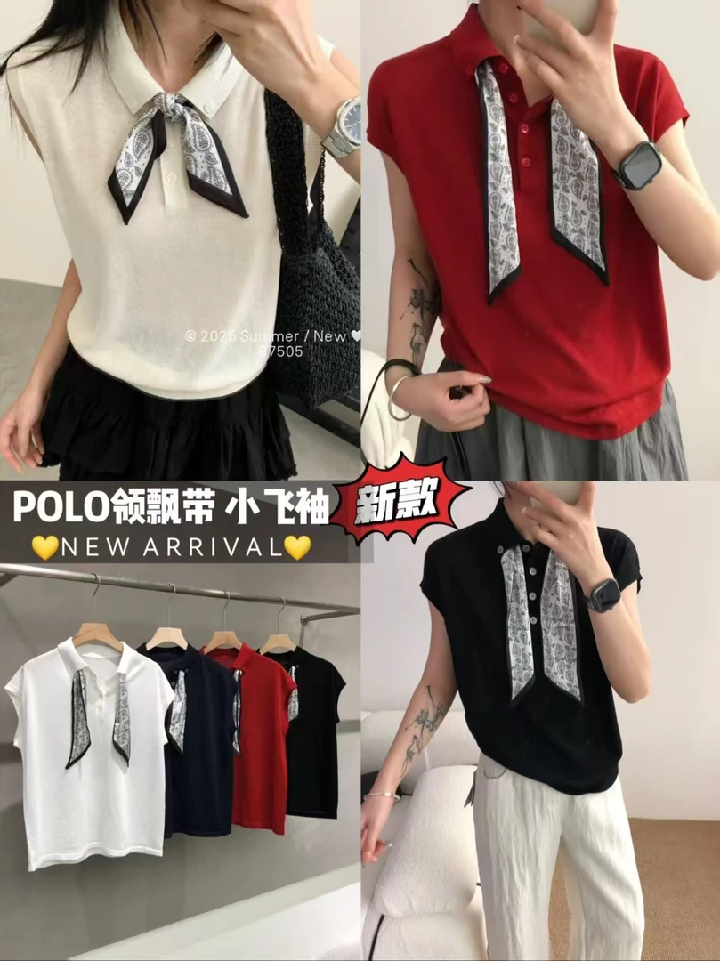 【贝希】Polo领飘带小飞袖短袖2530