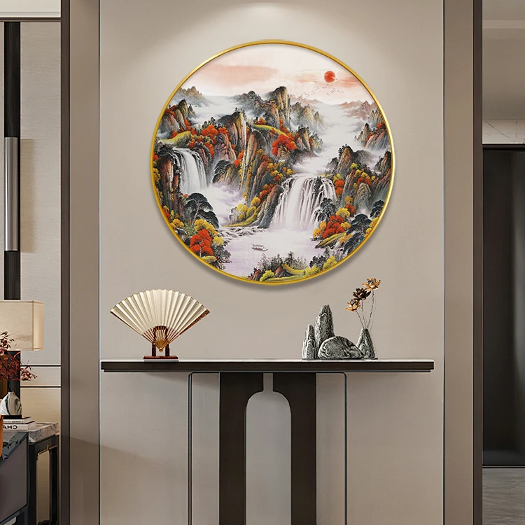 【高质】国画山水圆形装饰画中式山水简约大气圆形饭厅茶室走廊挂画