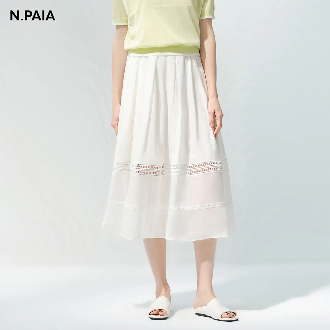 【可可专属】恩派雅25苎麻廓形下摆蕾丝花边半身裙女XNKES3407A