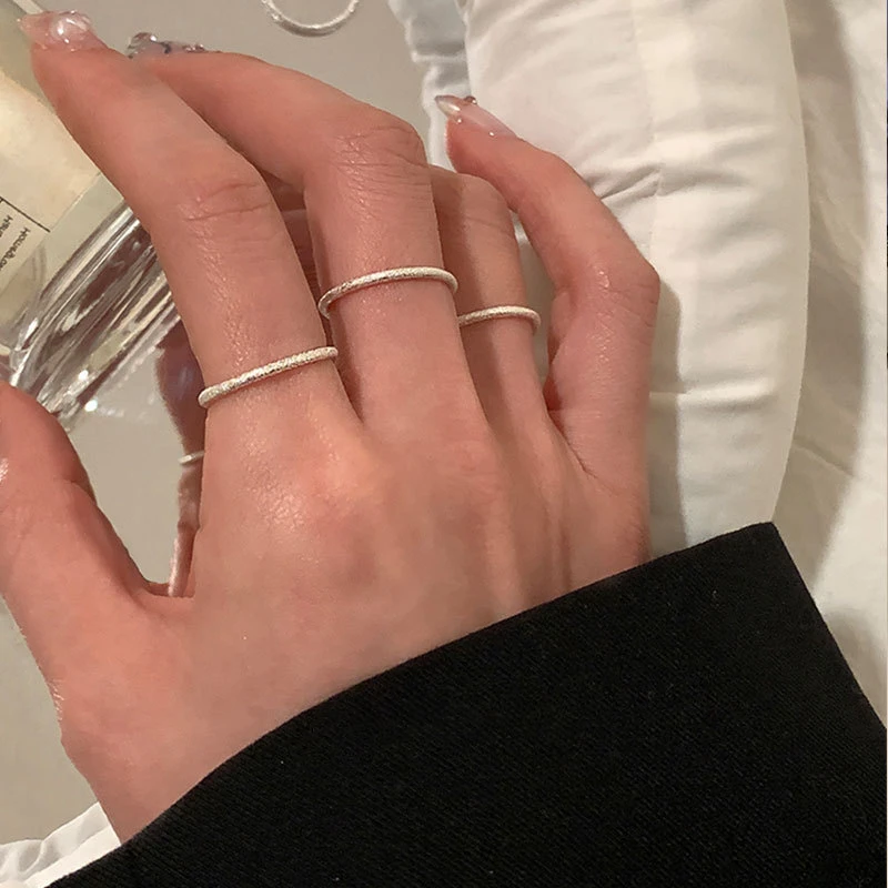 足银玻璃戒指 三件套简约波光粼粼素圈戒指女小众精致气质指环