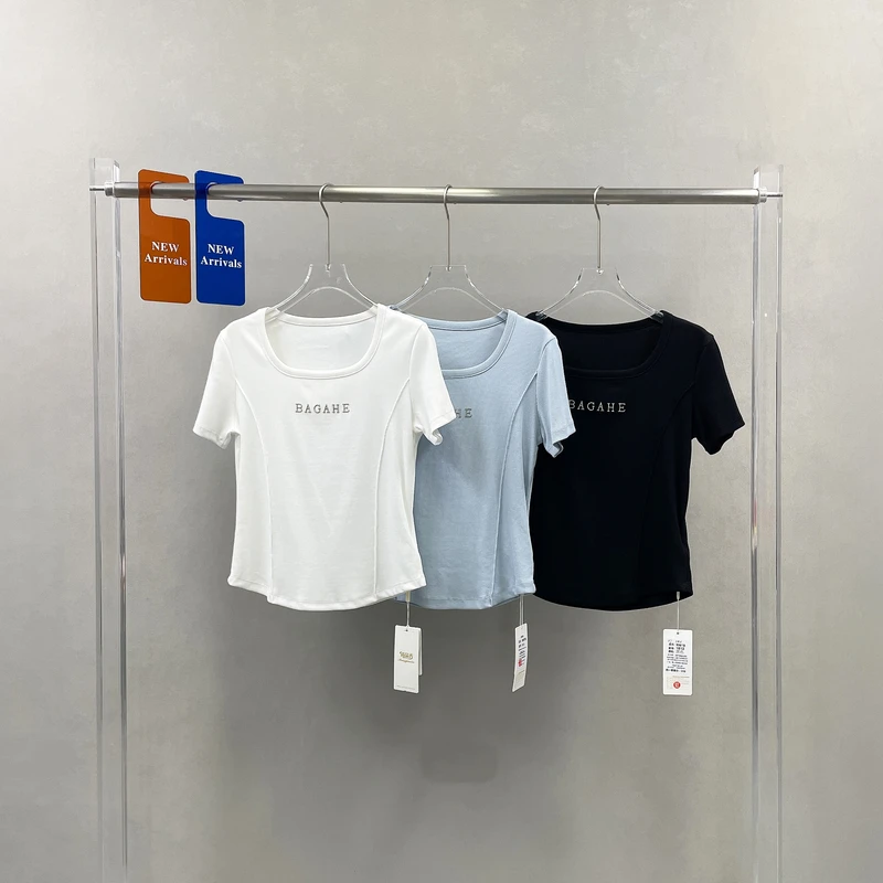 2025夏季新款方领字母螺纹棉短袖T恤女修身显瘦百搭半袖上衣1813