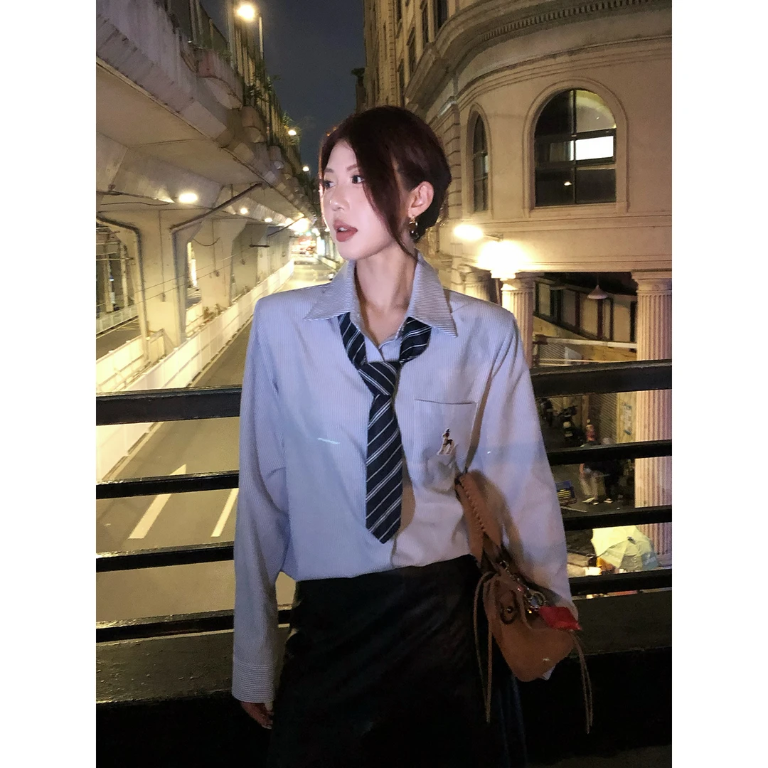 甜辣多多【线条艺术家】秋季新款极简刺绣条纹长袖衬衫女复古衬衣