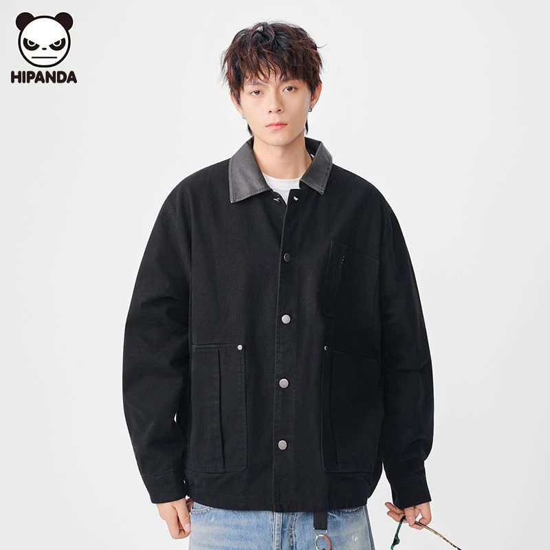 Hi Panda长袖夹克男装秋季休闲宽松韩版复古重磅潮流口袋工装外套