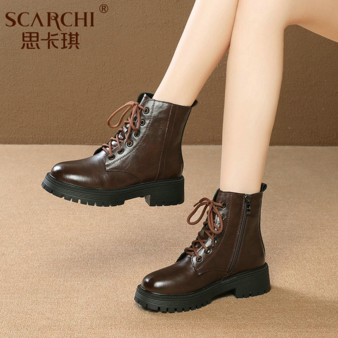 真皮厚底马丁靴女2025年秋冬新款小个子增高棕色复古英伦风短靴女