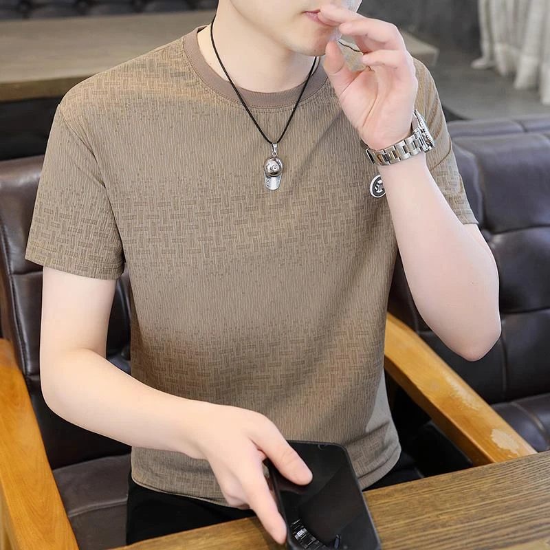 O.U.W圆领修身男士短袖T恤冰丝薄款休闲半袖透气体恤衫2025夏季