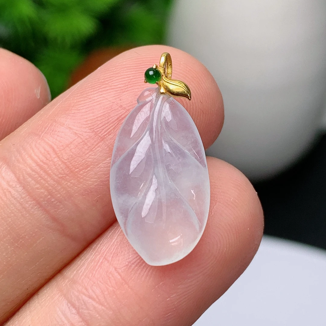 天然翡翠A货18k金镶嵌玉叶吊坠250922  尺寸:19.7*11.2*3.5