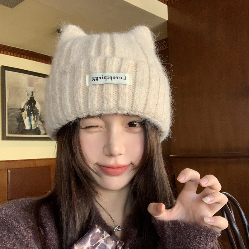 猫耳朵帽子女款秋冬季韩系高级感可爱保暖护耳显脸小针织毛线冷帽