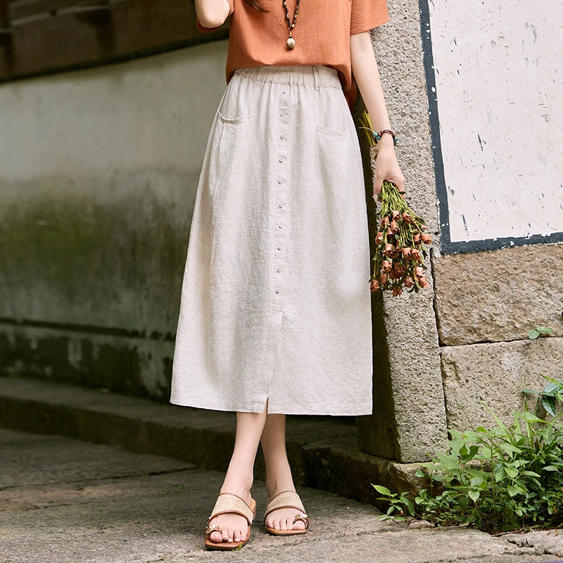 100%亚麻半身裙女2025夏季文艺休闲国风包臀a字裙中长款棉麻裙子