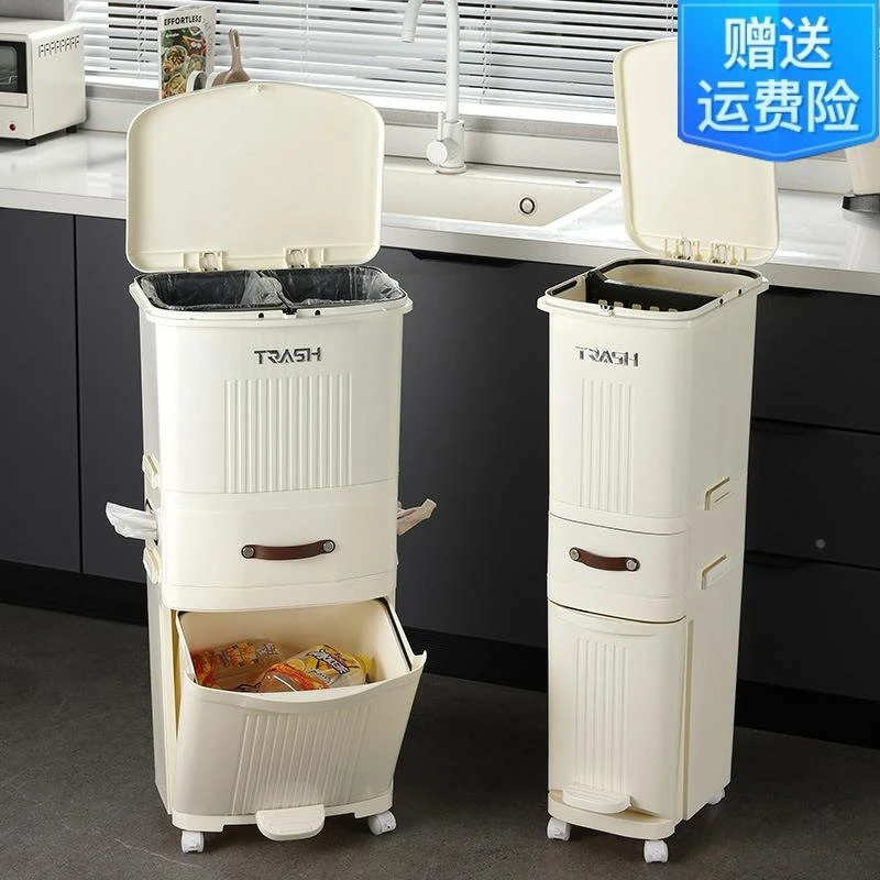日本日式厨房垃圾桶家用大号厨余干湿分离带轮子双层免弯腰卫生桶