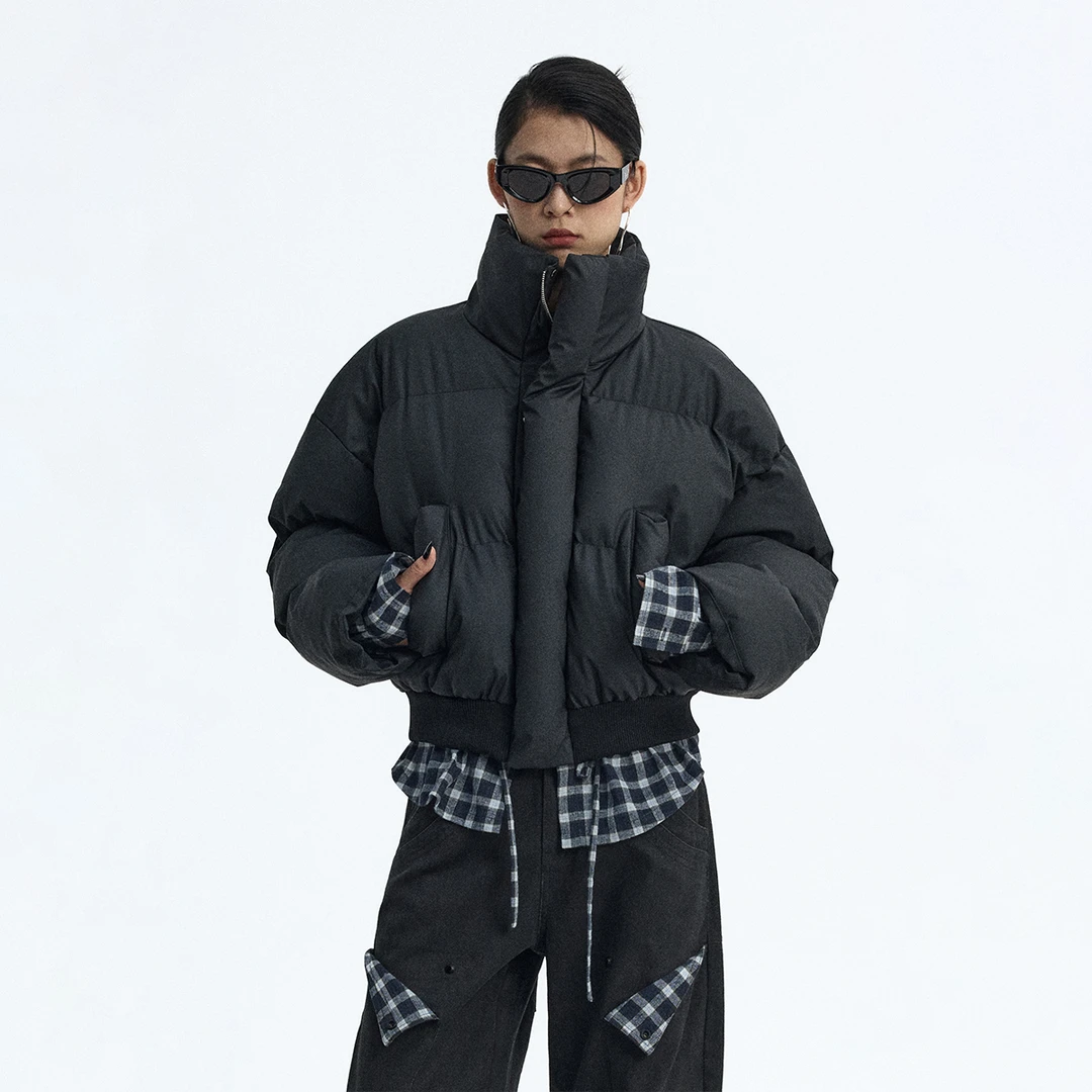 ourhour 螺纹下摆 黑色高领短款哑光皮面包棉服 女冬设计感外套