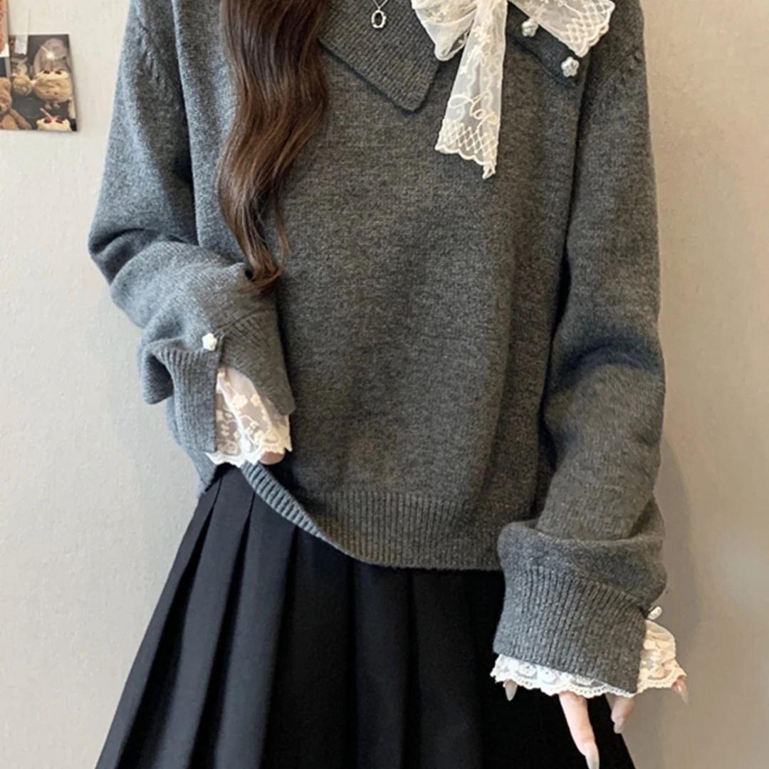 法式高级感灰色套头毛衣女秋冬大码胖mm蕾丝拼接假两件针织衫上衣